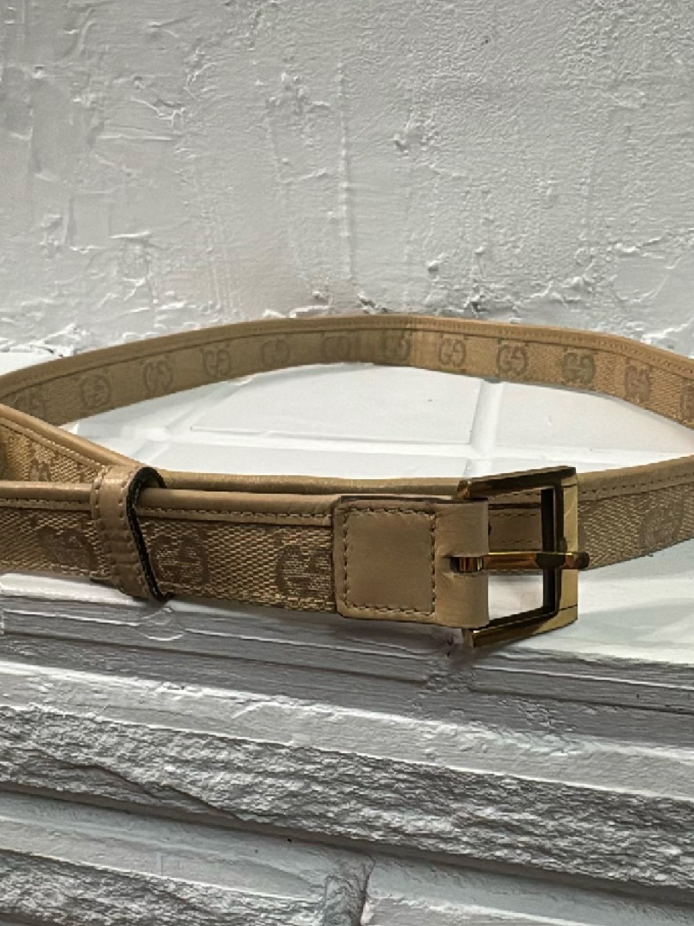 Gucci Beige Monogram Canvas Belt with Gold-Tone Buckle